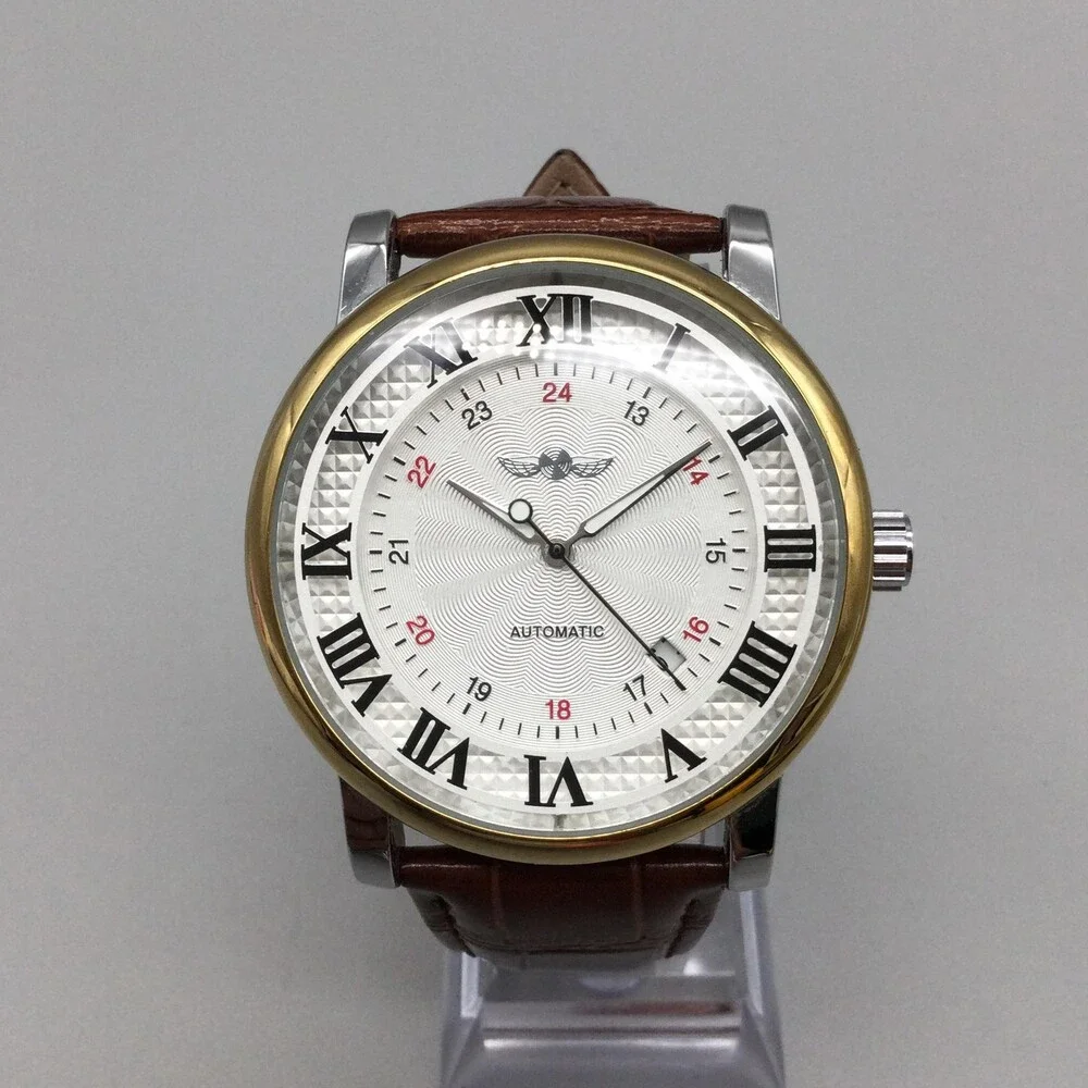 Winner Mens Watch 44mm Silver Tone 24 Hour Automatic Date Brown Leather TM142